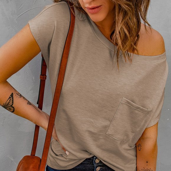 Dainty NYC Tops - Off The Shoulder Pocket Tee Light Brown